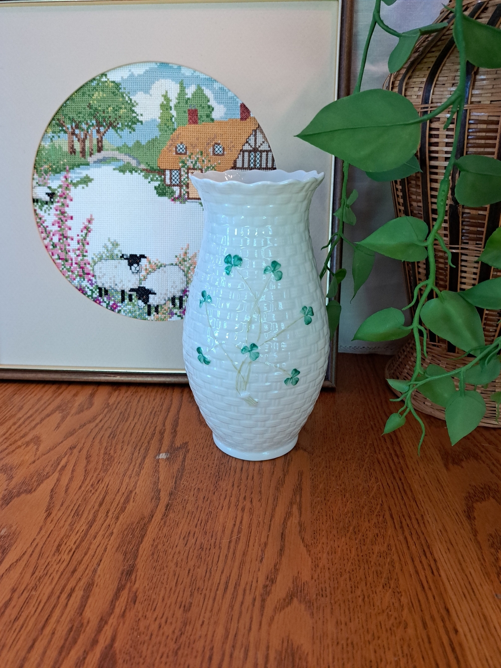Belleek White Ceramic Vase with Green Clover Motif